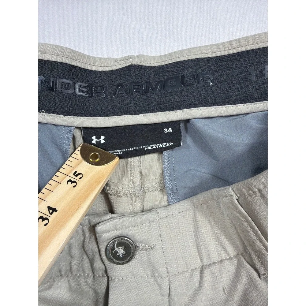 Under Armour Mens 34 Khaki Tan Herringbone HeatGear Golf Shorts Flat Front UA